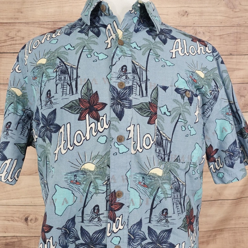 Croft & Barrow Shirt Mens L Blue Aloha Short Sleeve Button-Up Cotton Casual